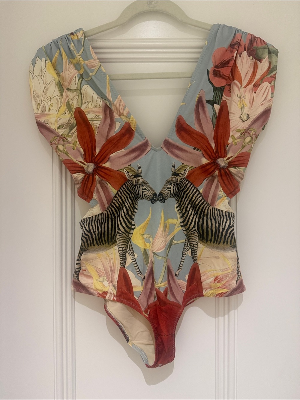 Floral Zebra Print One-Piece Swimsuit in Light Blue & Red
